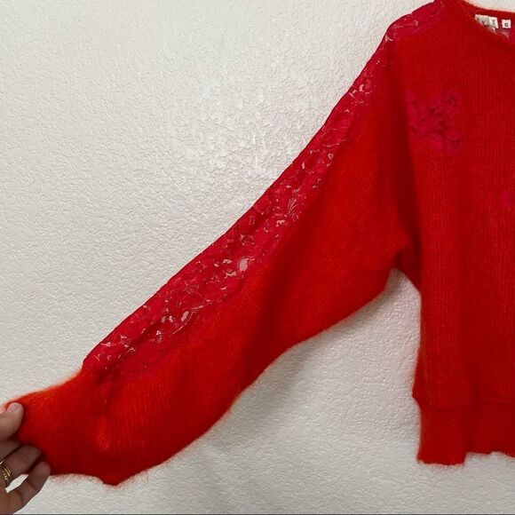 Vintage Red Italian Mohair and Wool Fuzzy Pullover Sweater With Lace Sleeves - Picture 5 of 15